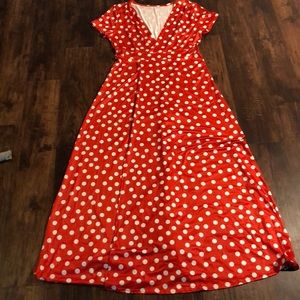 Red and white polka dot maxi dress